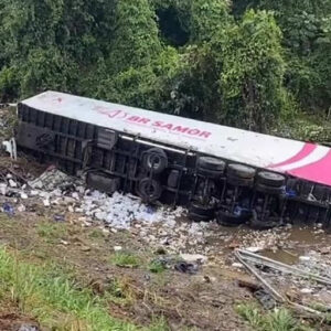 Polícia precisa efetuar disparos de arma de fogo pra evitar saque em carga de caminhão que tombou na BR-101