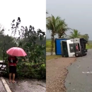 Forte temporal arranca árvores e provoca acidente com carreta entre Eunápolis e Itabela