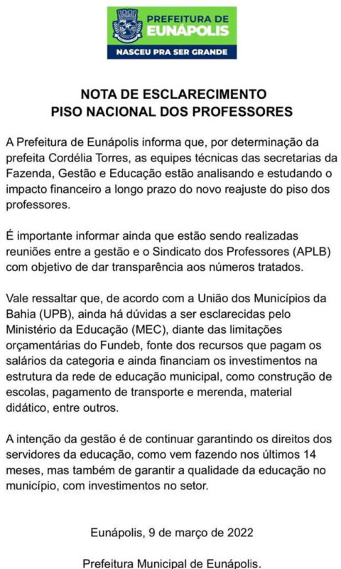 Nota de esclarecimento sobre reajuste do Piso Nacional dos Professores em Eunápolis