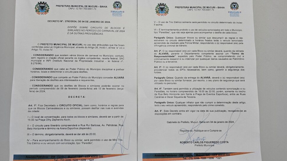 Prefeitura publica decretos definindo normas de organização e segurança do Carnaval 2024 em Mucuri