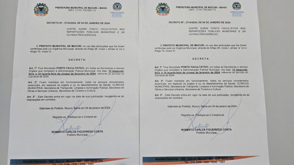 Prefeitura publica decretos definindo normas de organização e segurança do Carnaval 2024 em Mucuri