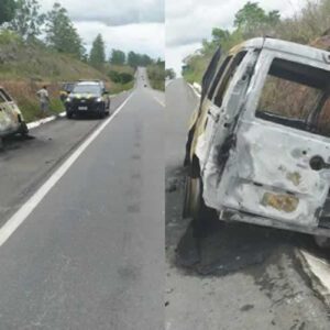 Minivan é jogada para o acostamento por carreta e acaba pegando fogo entre Teixeira de Freitas e Itamaraju