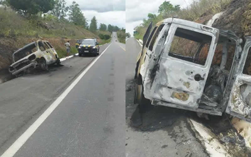 Minivan é jogada para o acostamento por carreta e acaba pegando fogo entre Teixeira de Freitas e Itamaraju