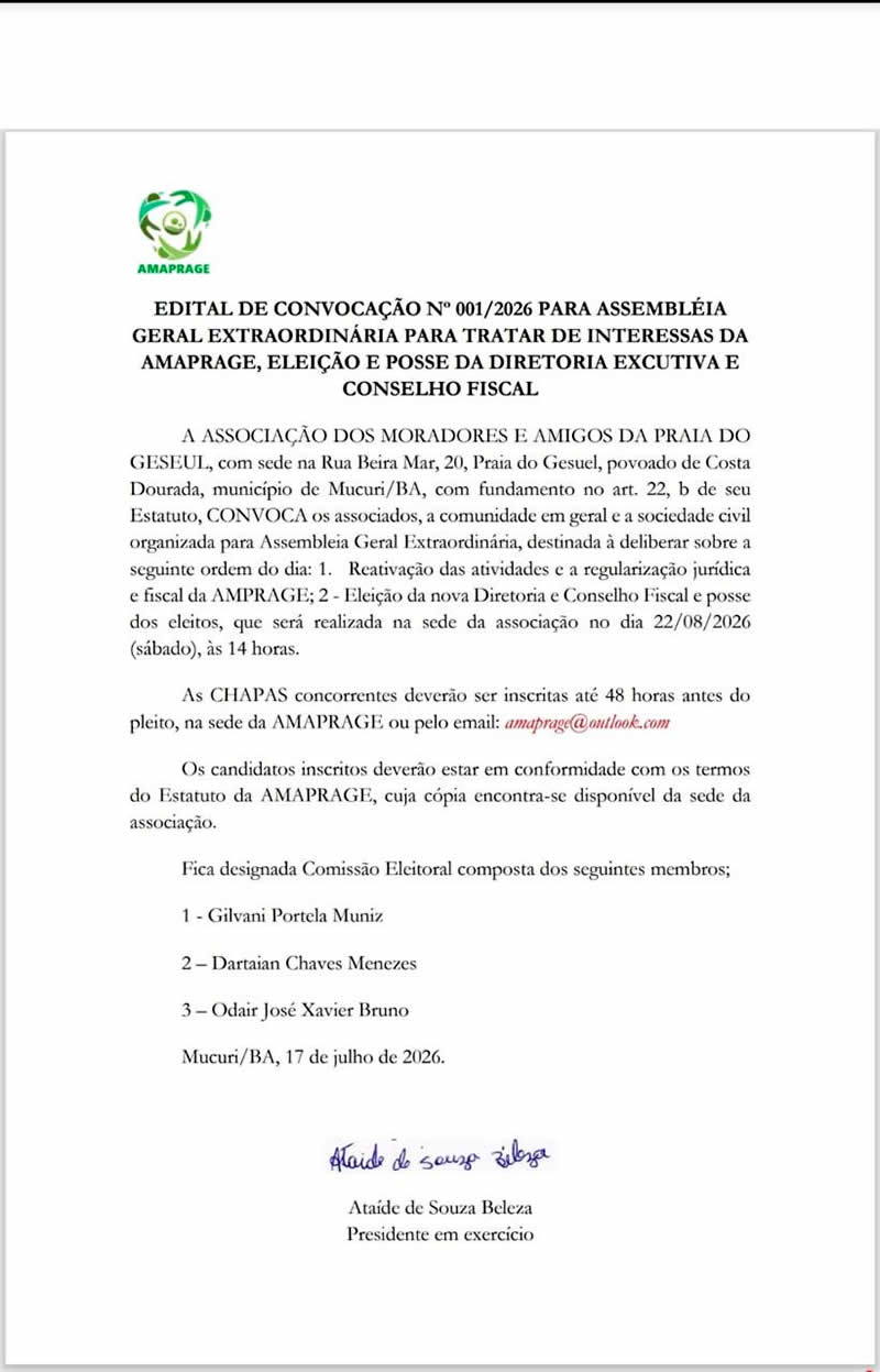 Mucuri: Convocada Assembleia para eleição e posse da Associação de Moradores da Praia do Gesuel